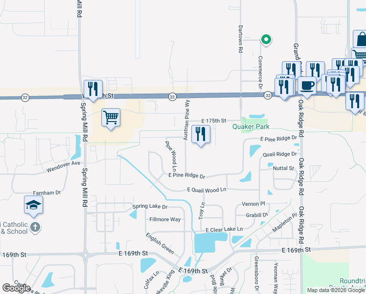 map of restaurants, bars, coffee shops, grocery stores, and more near 17378 Austrian Pine Way in Westfield