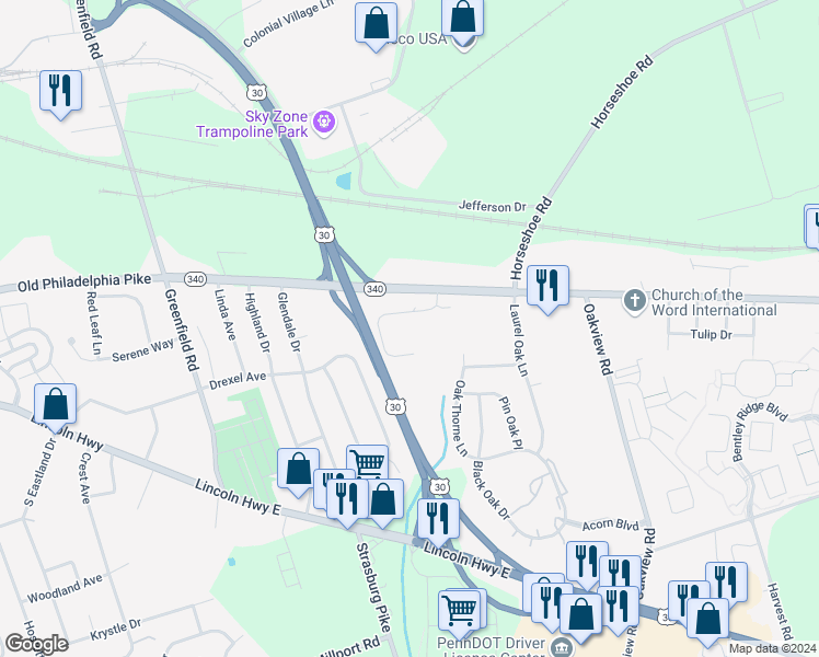 map of restaurants, bars, coffee shops, grocery stores, and more near 89 Midway Farms Lane in Lancaster