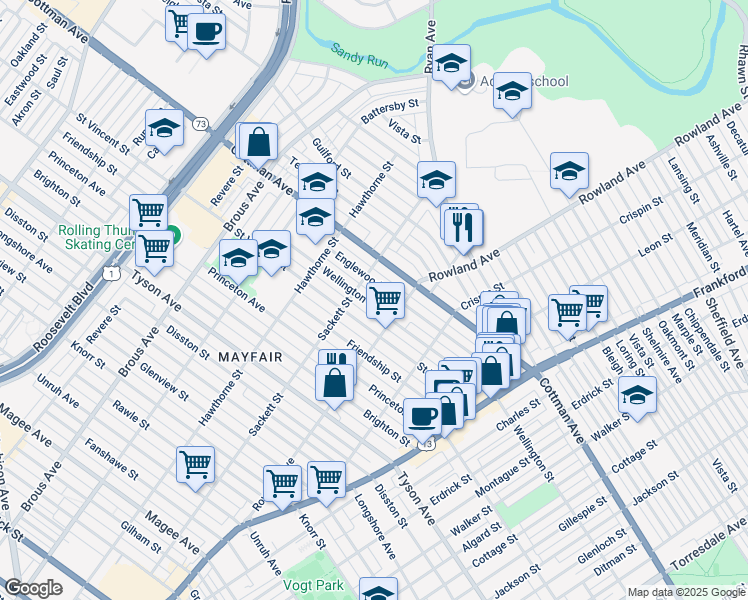 map of restaurants, bars, coffee shops, grocery stores, and more near 3225 Wellington Street in Philadelphia