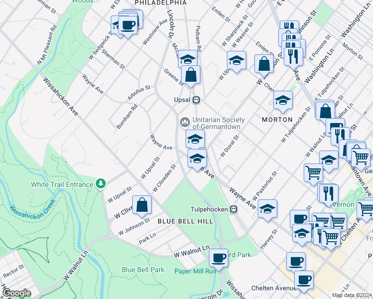 map of restaurants, bars, coffee shops, grocery stores, and more near 6425 Wayne Avenue in Philadelphia