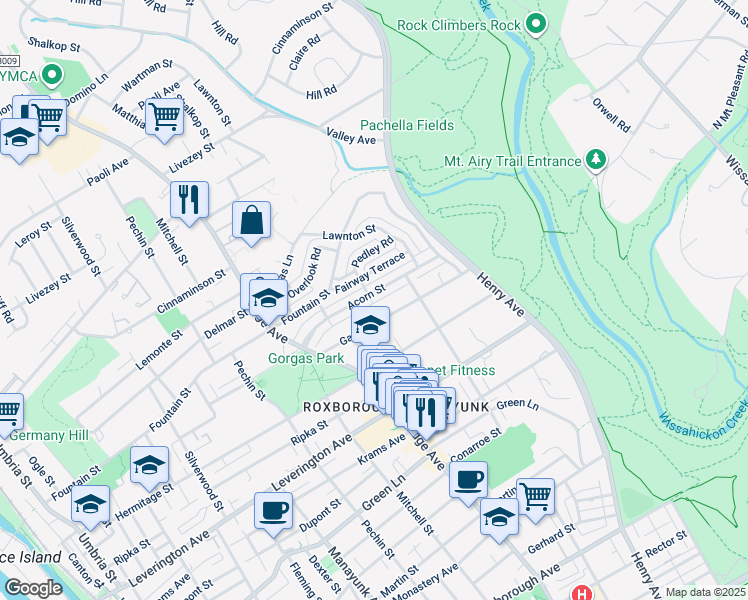 map of restaurants, bars, coffee shops, grocery stores, and more near 559 Acorn Street in Philadelphia