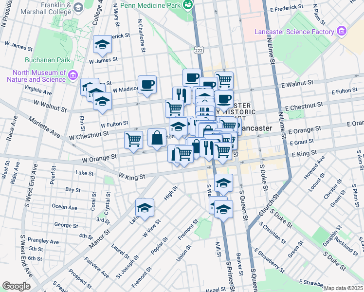 map of restaurants, bars, coffee shops, grocery stores, and more near 225 West Orange Street in Lancaster