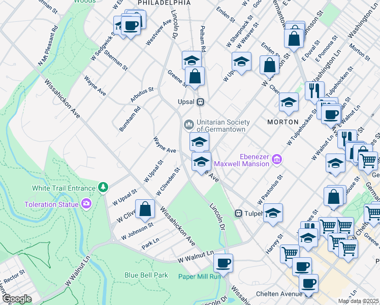 map of restaurants, bars, coffee shops, grocery stores, and more near 6425 Wayne Avenue in Philadelphia