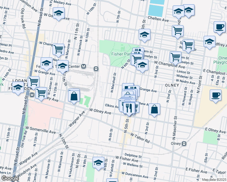 map of restaurants, bars, coffee shops, grocery stores, and more near 5733 North Marshall Street in Philadelphia