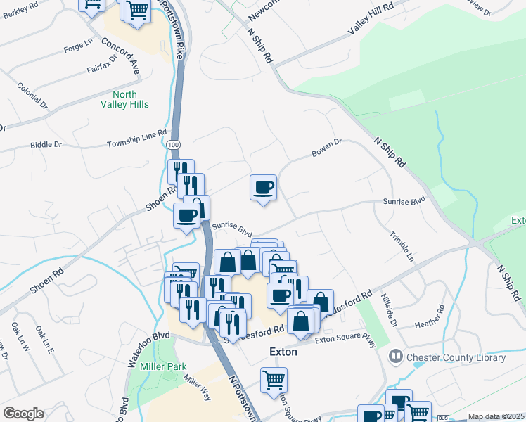 map of restaurants, bars, coffee shops, grocery stores, and more near 201 Sunrise Boulevard in Exton