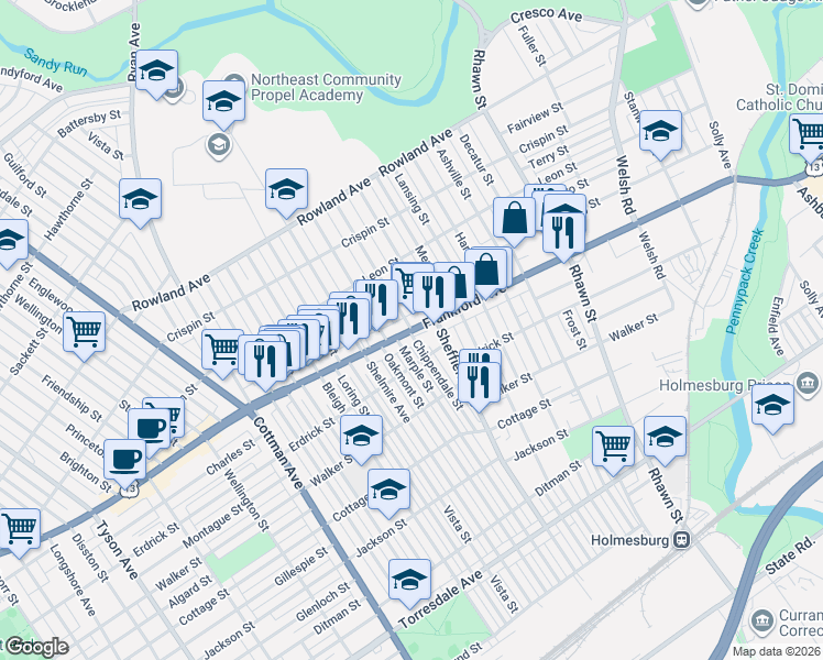 map of restaurants, bars, coffee shops, grocery stores, and more near 4301 Chippendale Avenue in Philadelphia