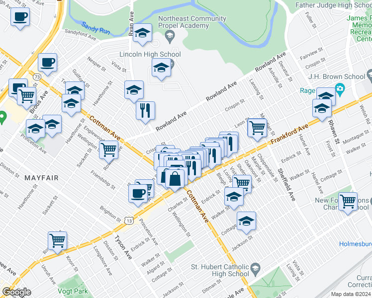 map of restaurants, bars, coffee shops, grocery stores, and more near 3440 Tudor Street in Philadelphia