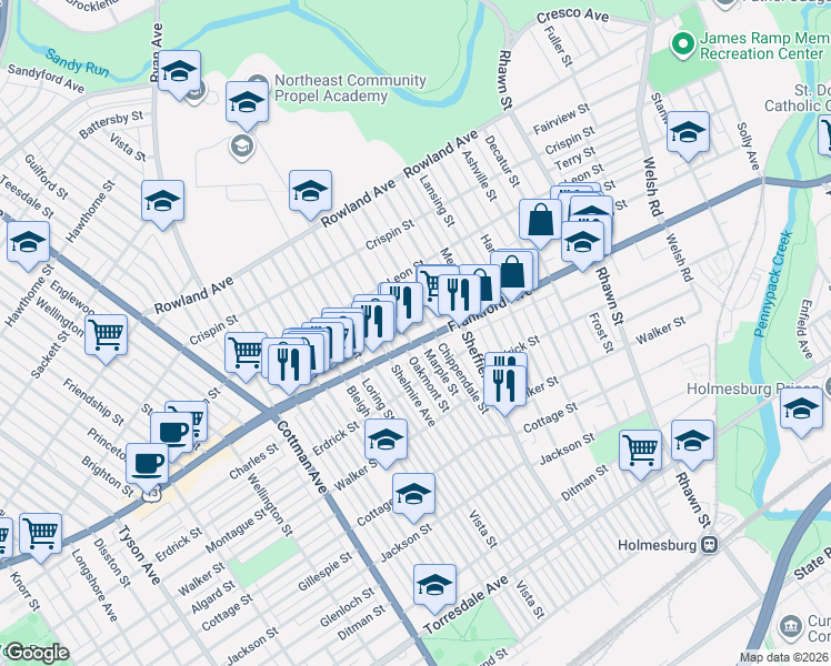 map of restaurants, bars, coffee shops, grocery stores, and more near 7544 Frankford Avenue in Philadelphia
