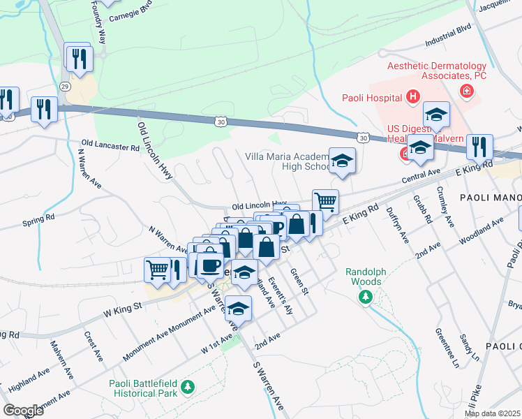 map of restaurants, bars, coffee shops, grocery stores, and more near 328 Old Lincoln Highway in Malvern