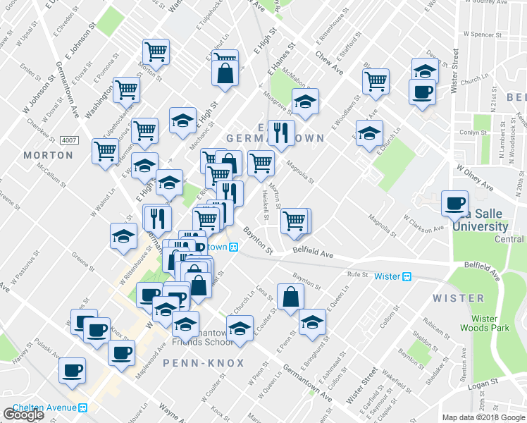 map of restaurants, bars, coffee shops, grocery stores, and more near 5630 Heiskell Street in Philadelphia
