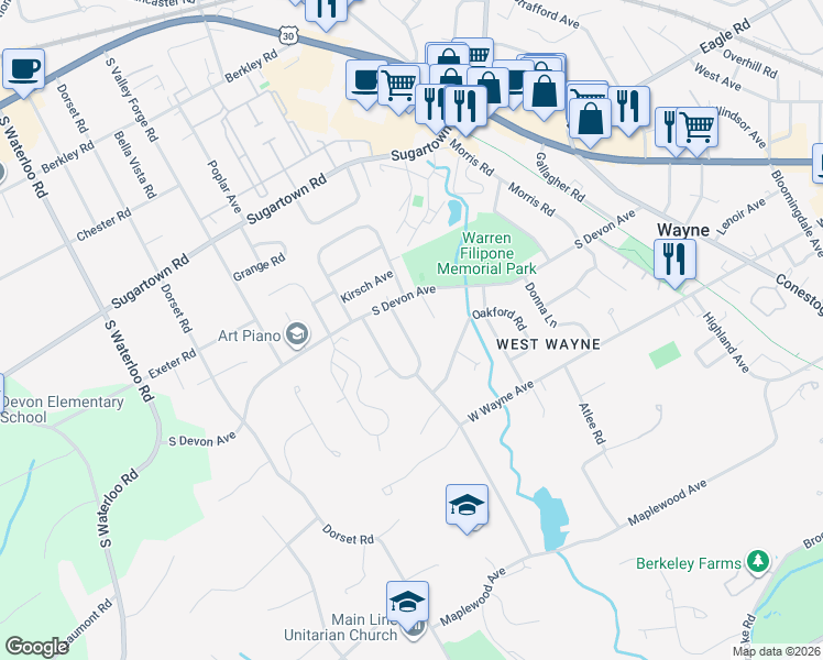 map of restaurants, bars, coffee shops, grocery stores, and more near 112 Moscia Lane in Wayne