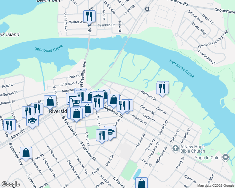 map of restaurants, bars, coffee shops, grocery stores, and more near 216 Filmore Street in Riverside