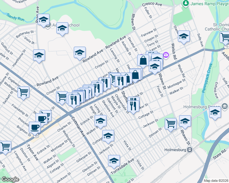 map of restaurants, bars, coffee shops, grocery stores, and more near 7544 Frankford Avenue in Philadelphia