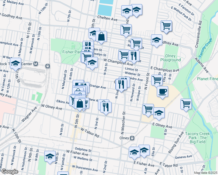map of restaurants, bars, coffee shops, grocery stores, and more near 5800 N American St in Philadelphia