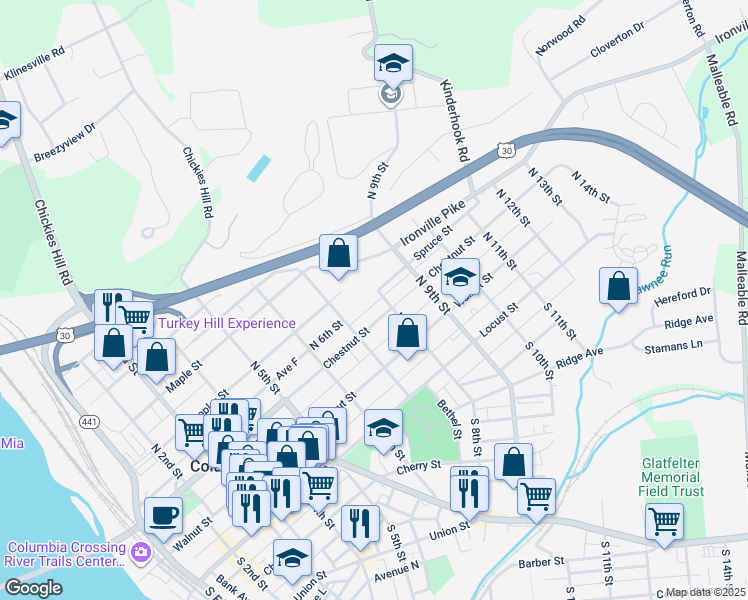 map of restaurants, bars, coffee shops, grocery stores, and more near 216 North 8th Street in Columbia