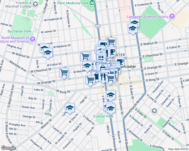 map of restaurants, bars, coffee shops, grocery stores, and more near 225 West Orange Street in Lancaster