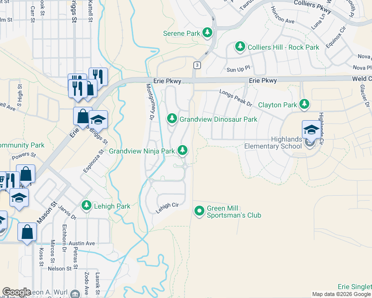 map of restaurants, bars, coffee shops, grocery stores, and more near 281 Bonanza Drive in Erie
