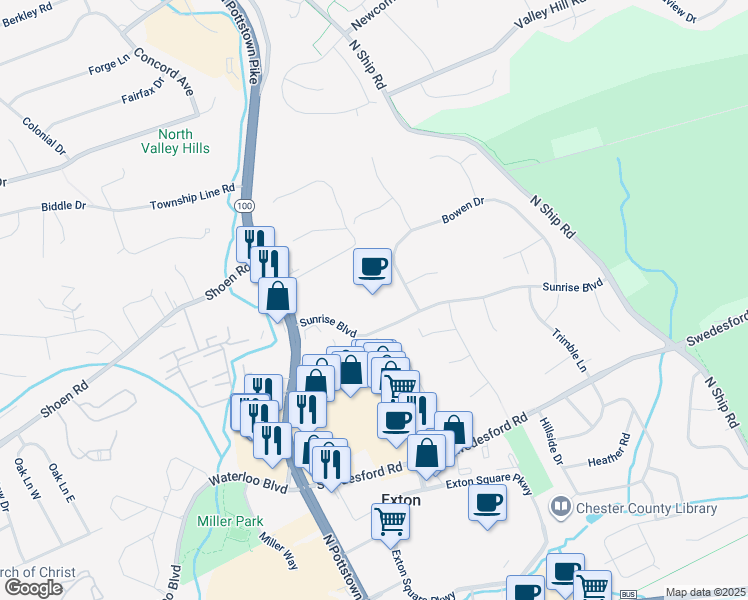 map of restaurants, bars, coffee shops, grocery stores, and more near 201 Sunrise Boulevard in Exton
