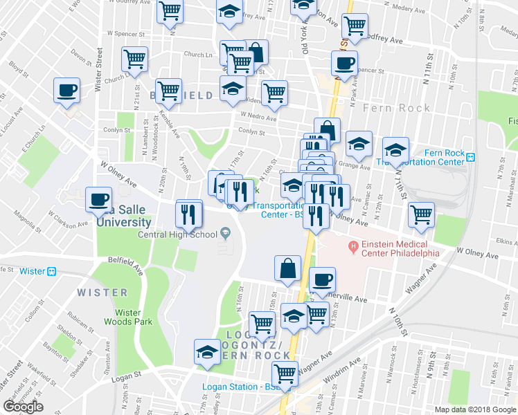 map of restaurants, bars, coffee shops, grocery stores, and more near 5601 North 16th Street in Philadelphia