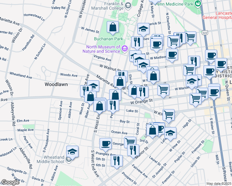 map of restaurants, bars, coffee shops, grocery stores, and more near 144 College Avenue in Lancaster