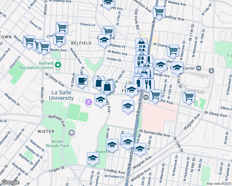 map of restaurants, bars, coffee shops, grocery stores, and more near 5601 North 16th Street in Philadelphia