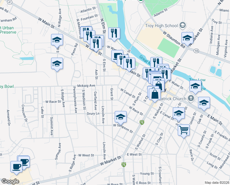 map of restaurants, bars, coffee shops, grocery stores, and more near 215 Grant Street in Troy