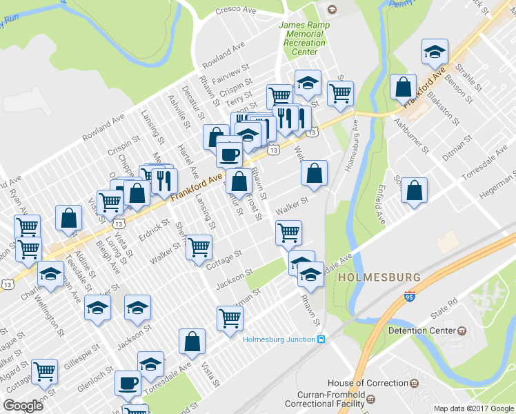 map of restaurants, bars, coffee shops, grocery stores, and more near 4229 Frost Street in Philadelphia