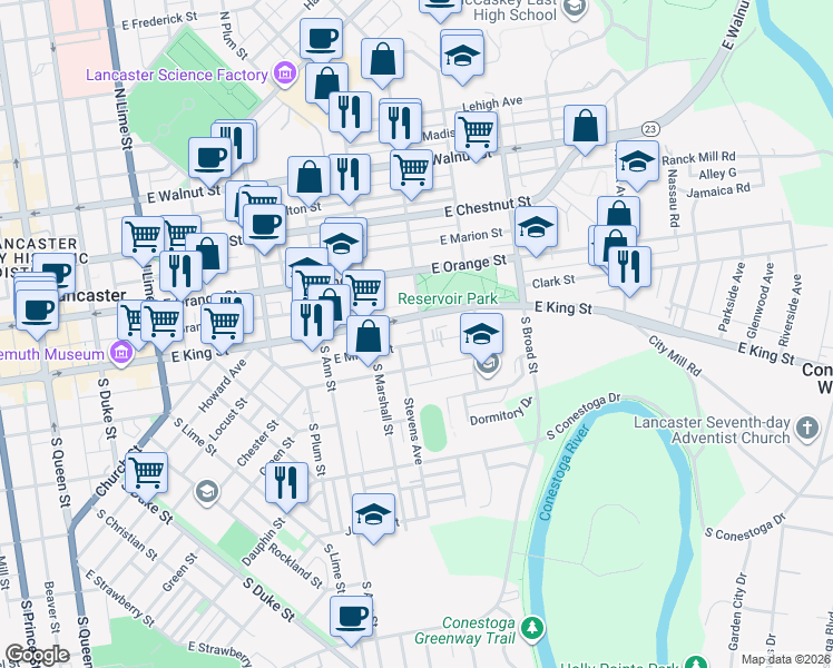 map of restaurants, bars, coffee shops, grocery stores, and more near 648 East King Street in Lancaster