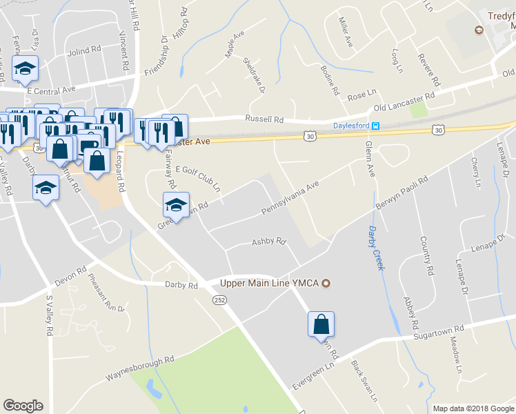 map of restaurants, bars, coffee shops, grocery stores, and more near 1515 Pennsylvania Avenue in Paoli