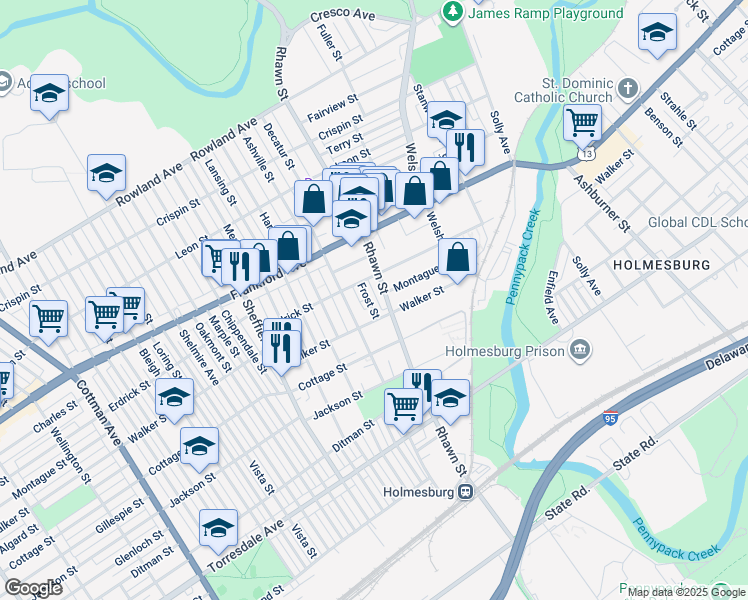 map of restaurants, bars, coffee shops, grocery stores, and more near 4229 Frost Street in Philadelphia