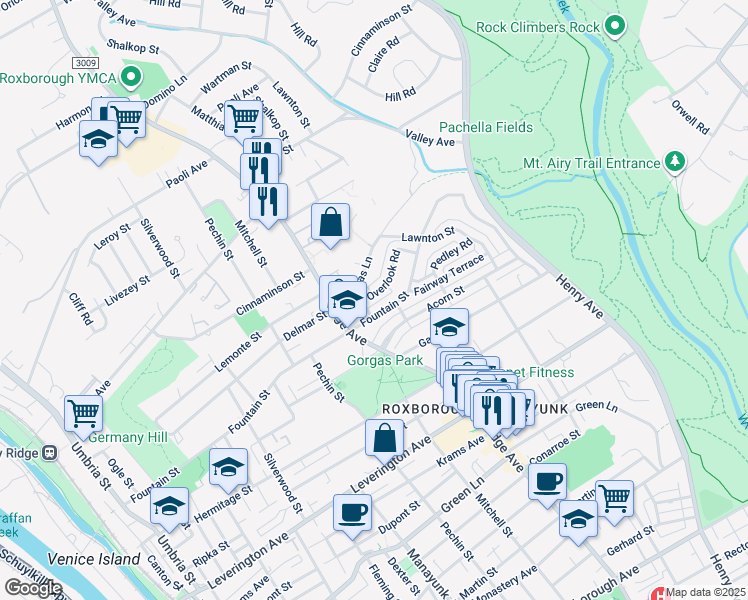 map of restaurants, bars, coffee shops, grocery stores, and more near 523 Overlook Road in Philadelphia