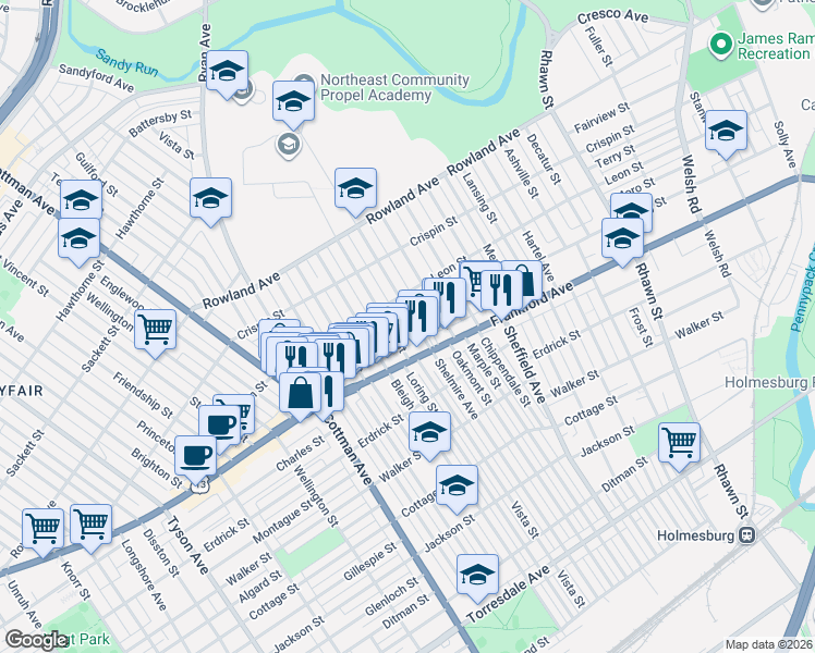 map of restaurants, bars, coffee shops, grocery stores, and more near 3516 Shelmire Avenue in Philadelphia