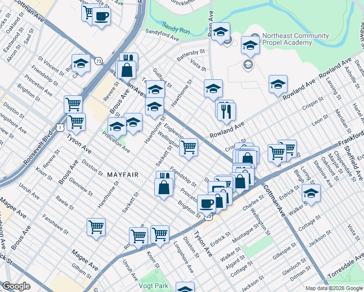 map of restaurants, bars, coffee shops, grocery stores, and more near 3206 Englewood Street in Philadelphia