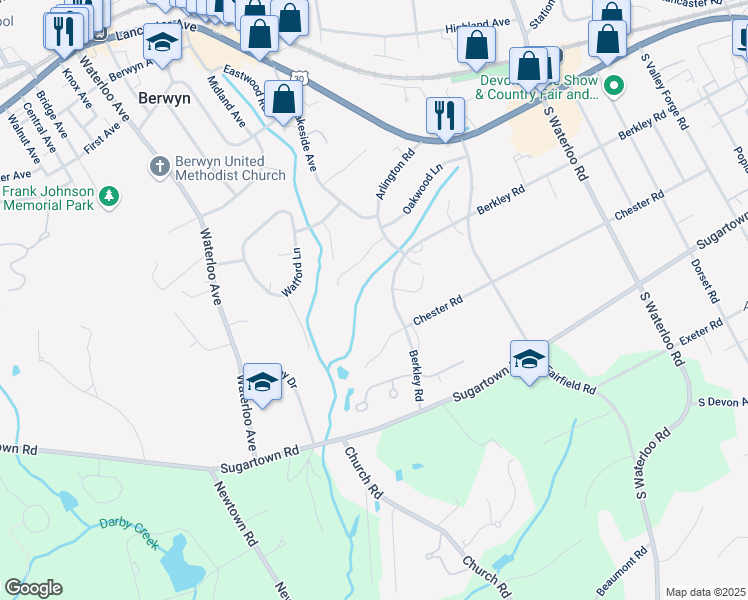 map of restaurants, bars, coffee shops, grocery stores, and more near 345 Berkley Road in Devon