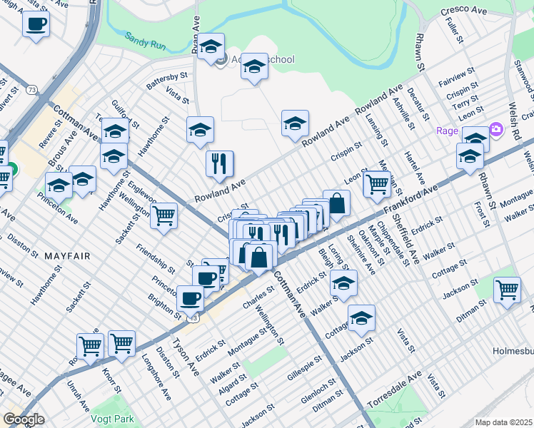 map of restaurants, bars, coffee shops, grocery stores, and more near 3431 Aldine Street in Philadelphia