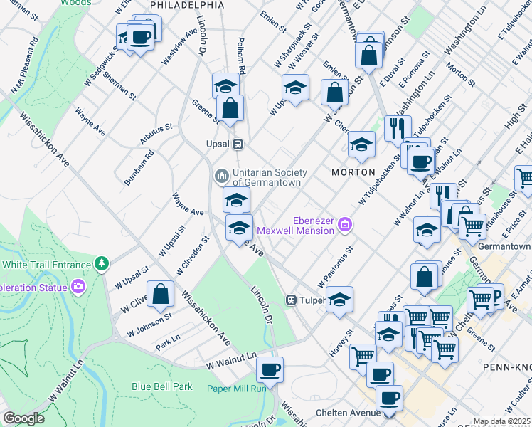 map of restaurants, bars, coffee shops, grocery stores, and more near 6375 Sherman Street in Philadelphia