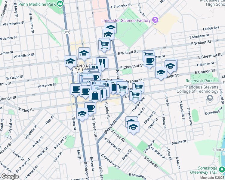 map of restaurants, bars, coffee shops, grocery stores, and more near 36 North Lime Street in Lancaster