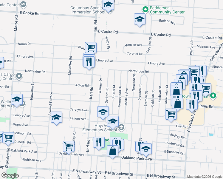 map of restaurants, bars, coffee shops, grocery stores, and more near 3566 Ontario Street in Columbus