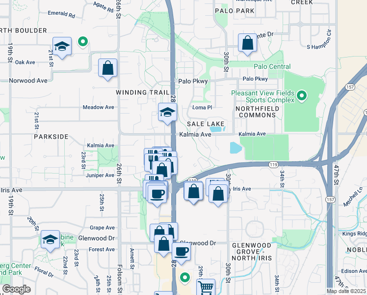 map of restaurants, bars, coffee shops, grocery stores, and more near 2800 Kalmia Avenue in Boulder