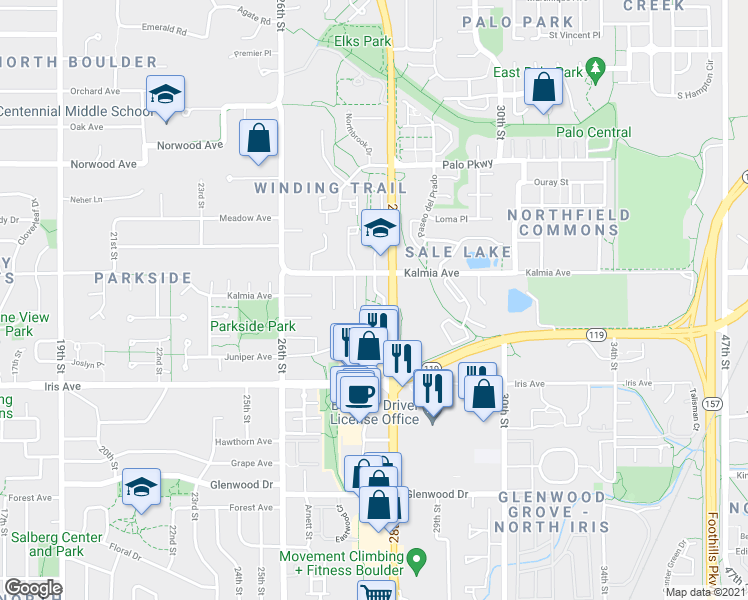 map of restaurants, bars, coffee shops, grocery stores, and more near 3565 28th Street in Boulder