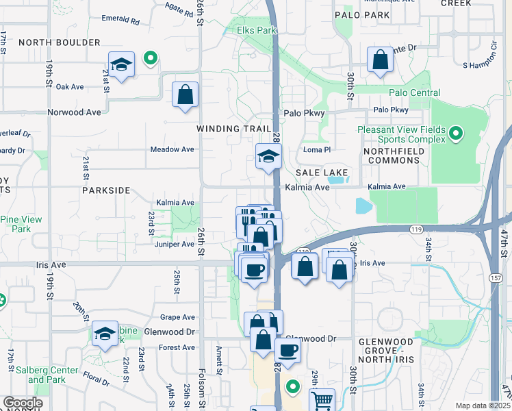 map of restaurants, bars, coffee shops, grocery stores, and more near 3565 28th Street in Boulder