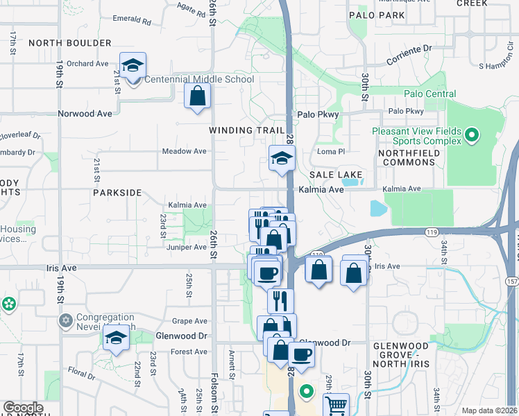 map of restaurants, bars, coffee shops, grocery stores, and more near 3561 Nottingham Court in Boulder