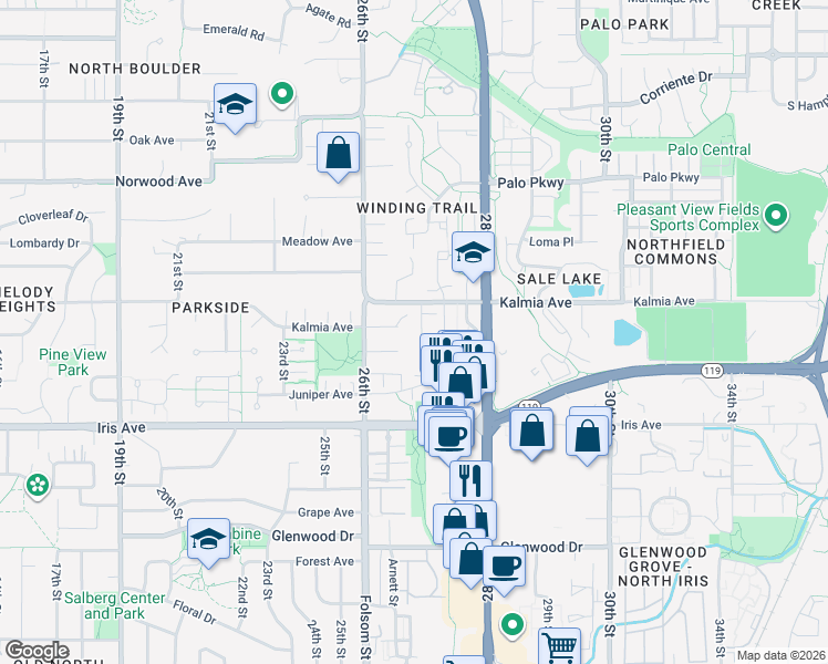 map of restaurants, bars, coffee shops, grocery stores, and more near 3561 Nottingham Court in Boulder