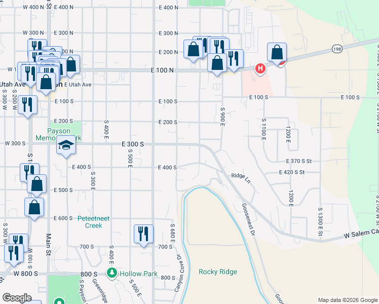 map of restaurants, bars, coffee shops, grocery stores, and more near 780 East 300 South in Payson