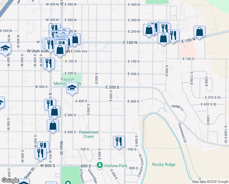 map of restaurants, bars, coffee shops, grocery stores, and more near 522 East 300 South in Payson