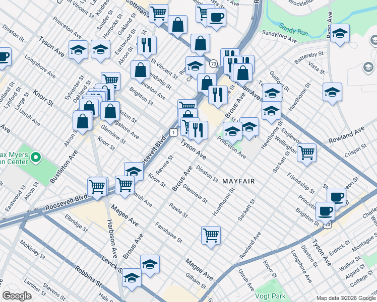 map of restaurants, bars, coffee shops, grocery stores, and more near 2825 Tyson Avenue in Philadelphia