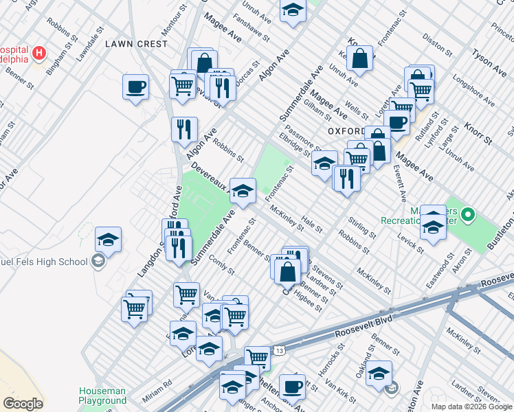 map of restaurants, bars, coffee shops, grocery stores, and more near 1109 Devereaux Avenue in Philadelphia