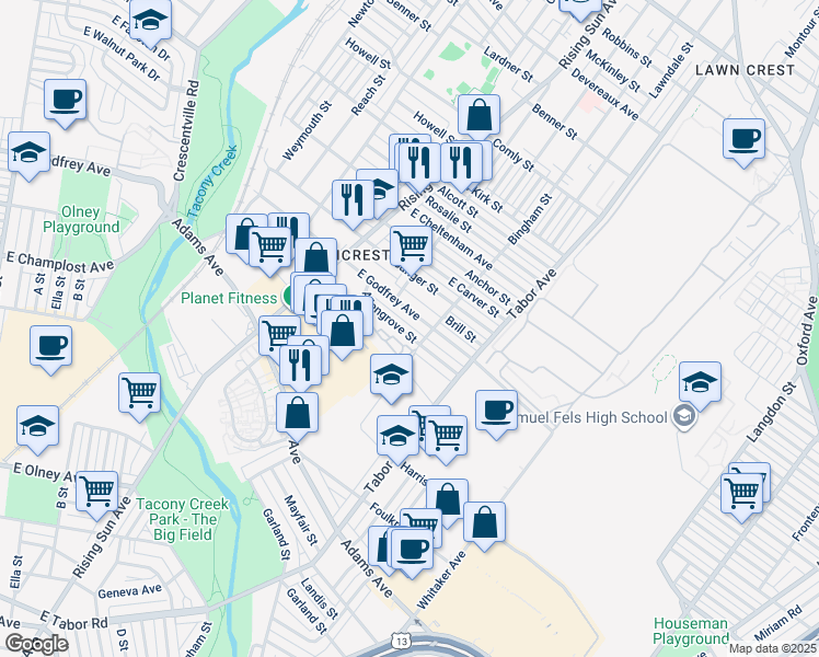 map of restaurants, bars, coffee shops, grocery stores, and more near 587 East Godfrey Avenue in Philadelphia