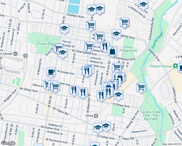map of restaurants, bars, coffee shops, grocery stores, and more near 5837 North Mascher Street in Philadelphia