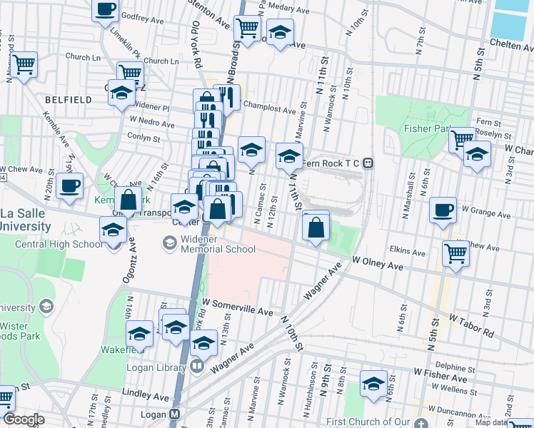 map of restaurants, bars, coffee shops, grocery stores, and more near 5700 North 12th Street in Philadelphia